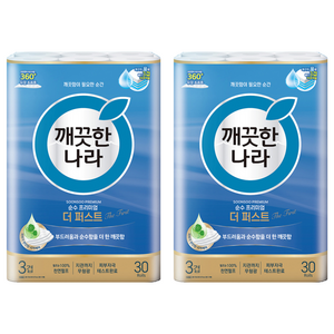 깨끗한나라 순수 프리미엄 더 퍼스트 천연펄프 3겹 고급롤화장지, 30m, 30개입, 2개