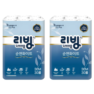 리빙티슈 순앤화이트 3겹 천연펄프 고급롤화장지, 30m, 30롤, 2개