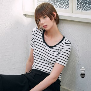 ELLE PARIS 여성용 스트라이프 스쿱넥 골지립 반팔 티셔츠