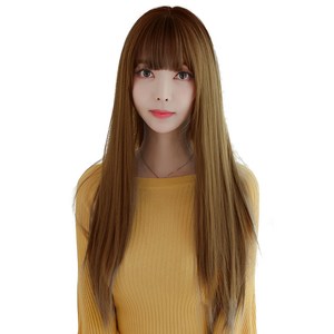 하이유니 풀 뱅 스트레이트 펌 롱 헤어 긴머리 통가발 가발 75cm + 가발망 + 거치대 세트, 허니브라운, 1세트