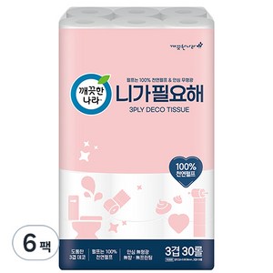 깨끗한나라 니가 필요해 천연펄프 3겹 고급롤화장지, 22m, 30롤, 6개