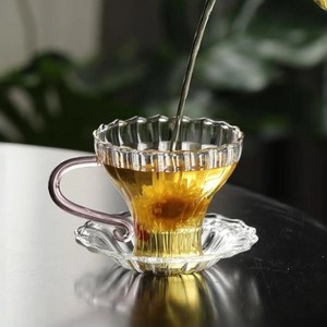 아메리칸로드 오복 꽃잎 유리 찻잔 + 받침대 세트 RK2323, 투명, 1세트