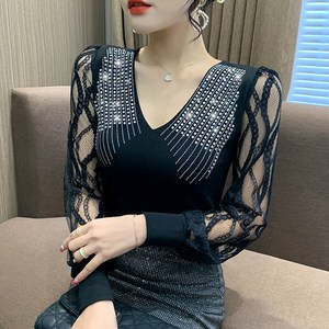 라인댄스복 라틴댄스복 스포츠댄스 브이넥 레이스 패치 핫피스 소매 긴팔 티셔츠 F8015 Women's T-shit