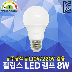 필립스 LED 램프 8W 주광색 110V 겸용 매장조명 전구 프리볼트 백열램프 대체 1등급 벌브 주방등 거실조명 6500K 100V-240V 작동가능 컴팩트형 램프 대체 하얀빛, 1개