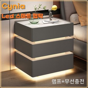 Cynia 튼튼한 가정용 금고 LED조명 스마트 협탁 무선충전 블루투스 스피커 서랍 지문인식, 45*41*62, 램프+무선충전, 다크그레이