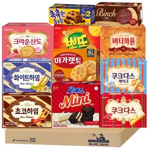 [블루존] 사무실 과자 11종 세트(촉촉한초코칩+크라운산도딸기+버터와플+뽀또치즈+오예스mini+화이트하임+초코하임+빈츠+마가렛트+쿠크다스케이크+쿠크다스화이트), 1개