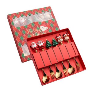 GHSHOP 6Pcs Xmas 칼붙이 키트 선물 상자가있는 스테인레스 스틸 디저트 스푼 포크 커트러리 세트 파티 레스토랑 용 크리스마스 스푼, 18.4cmx18.2cm, 스타일 C, 1개