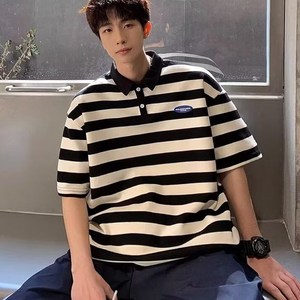 남성 스트라이프 폴로 티셔츠 남학생 여름 경량 칼라넥 오버핏 반팔 맨투맨