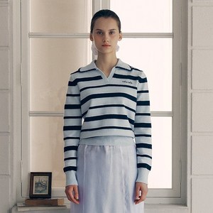 [장원영 착용] 로라로라 여성용 V NECK COLLAR STRIPE KNIT PULLOVER