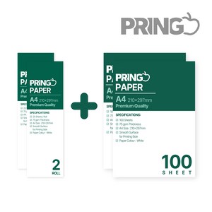 프링고 PRINGO 휴대용 무선 블루투스 미니 포터블 잉크제로 감열 프린터 A4 시트 100매 롤 25매 용지 세트, 2세트