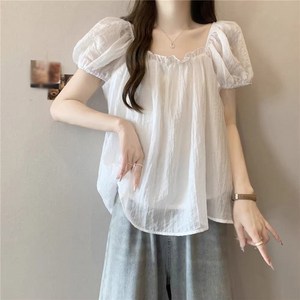 besteffie 여성용 여름 퍼프 소매 스퀘어넥 블라우스 프릴 디테일 루즈핏 무지 플레어 귀여운 스타일 블라우스 K92
