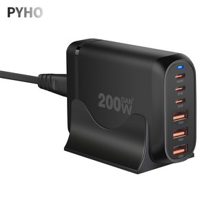 PYHO 200W 3C3A 6포트 PD3.0 PPS 초고속 멀티충전기, 1개, 검은색