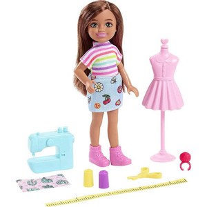 Babie Chelsea Can Be Doll & Playset 갈색 머리 패션 디자이너 작은 인형 탈착식 의상 및 8개의 커리어 액세서리 포함, 1개