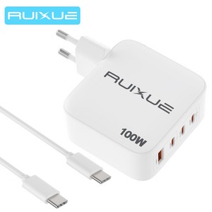 RUIXUE C 타입 고속 충전기 4포트 100W GaN 초고속충전기 호환 아이폰16 15 삼성 S24 S23 A15 맥북 노트북 아이패드 프로 에어 미니 1m C to C 게이블, 1개, 100W 화이트