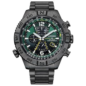 Citizen 남성용 Eco-Drive Promaster Navihawk A-T 시계 그린 다이얼 그레이 스테인리스 스틸 팔찌 원자 시간 표시 (모델: AT8227-56X)