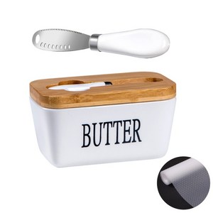 BUTTER BOX 대용량 600ML 도자기 버터 보관 용기+버터 나이프 세트, 화이트, 1개