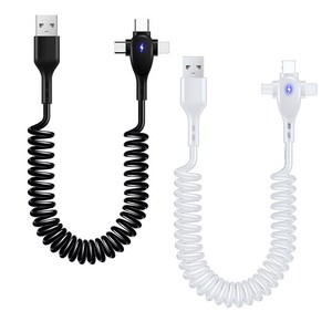 휴대용 고속 충전 스프링 케이블 66W 3in1 USB 충전기 스마트폰 차량 코일 8핀 C타입 마이크로 5핀, 블랙, 1개