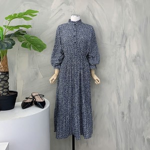 [행복여] 잔꽃 넥 프릴 단추 포인트 밑단 플리츠 원피스