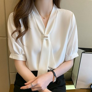 LOKEXING 여성 블라우스 여름 반팔 브이넥 셔츠