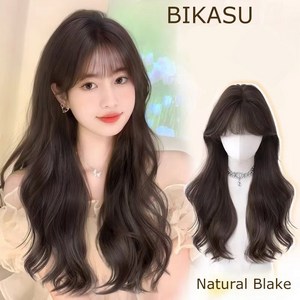 BIKASU 여성 긴머리 웨이브 가발 여신 앞머리 통가발, 1개, 네츄럴블랙