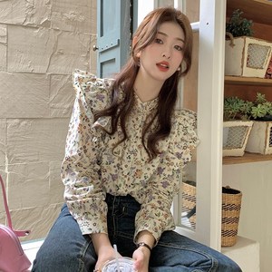 여성 프릴 플라워 셔츠 봄여름 빅사이즈 스탠드칼라 허리라인 슬림핏 치유쿠