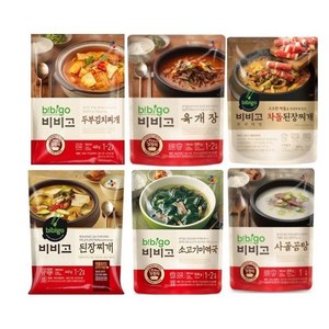 비비고 인기즉석 탕찌개 6종(두부김치+된장찌개+사골곰탕+육개장+미역국+차돌된장찌개), 1세트