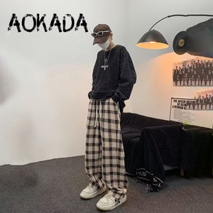 AOKADA 남성용 체크 바지 가을겨울 패션 레트로 캐주얼 팬츠 루즈핏 스트레이트 와이드 롱팬츠 3color