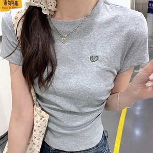 cammello 하트 자수 사이드 셔링 크롭티 기본 반팔 티셔츠