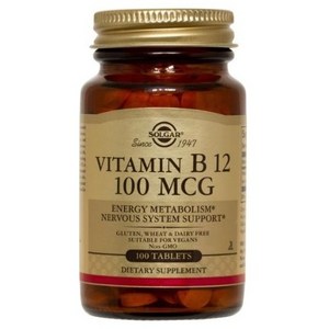 솔가 비타민 B12 100mcg 글루텐 프리 비건 무설탕 타블렛, 1개, 100정