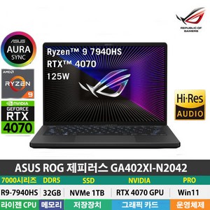 (당일발송) ASUS ROG 제피러스 G14 GA402XI-N2042 R9-7940HS/RTX4070/DDR5 32GB/NVMe 1TB/Win11Po/QHD/14형, WIN11 Po, 32GB, 1TB, 라이젠9, 그레이