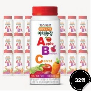 파스퇴르 100%유기농 야채농장 ABC주스190ml (냉장보관), 190ml, 32개