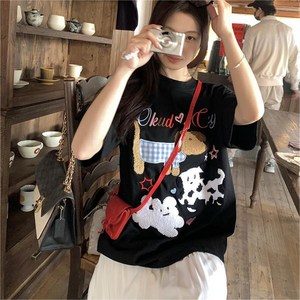 투니스 여성 레트로 레이지 강아지 자수 루즈핏 반소매 티셔츠