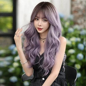 자주색 가발 여성 통가발 웨이브 긴머리, 1개, 보라