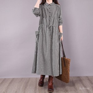 COBOTOR 여성 린넨 원피스 체크무늬 오버핏 a라인 캐주얼 여자 봄 가을 긴팔 롱원피스 linen dress women XK0106