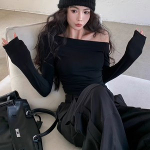 몬지 여성용 슬림 긴팔티 언밸 오프숄더 티셔츠