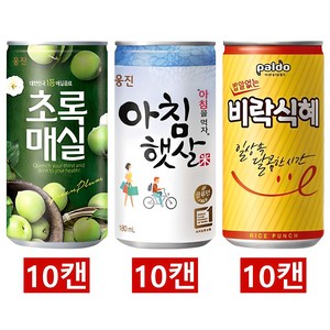 [한번에먹자] 175ml~190ml 미니캔 음료수 세트 3종 ( 초록매실 + 아침햇살 + 팔도 밥알없는 비락식혜 ) 사무실음료 가정용 업소용 PC방 작은캔 식자재 배달용, 30개, 175ml