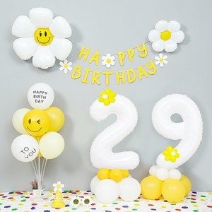 [피앤비유니티]데이지 두자리숫자기둥 가랜드 생일 풍선세트(모자 안경포함), 화이트 숫자대29