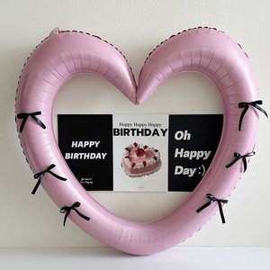 하트 프레임 풍선 리본 생일 포스터 세트, 핑크