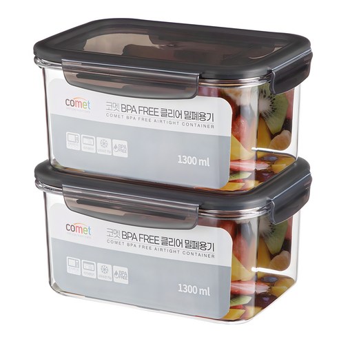 코멧 국내생산 BPA FREE 클리어 직사각 밀폐용기, 2개, 1.3L