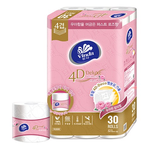 빈다 4D Deluxe 엠보싱 화장실 티슈 퍼스트로즈, 23m, 30롤, 1개