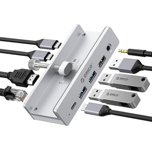 오리코 7 in 1 C타입 10Gbps 3.5mm 오디오 RJ45 HDMI 4K@60Hz 클램프형 USB허브 MH8P, 실버, 1개
