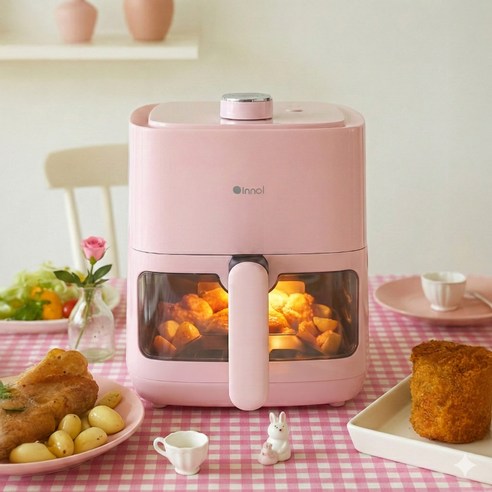 이놀 투명창 에어프라이어 2L 1인용 소형 미니 프리미엄 에어프라이기 air fryer, 핑크, EW044