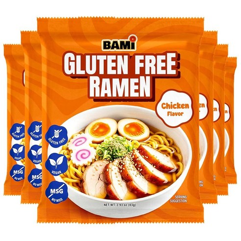 BAMI 글루텐 프리 라멘 국수 (치킨 맛) 비건 라면, 저염 라면 6팩, GF 라멘125196, 83g