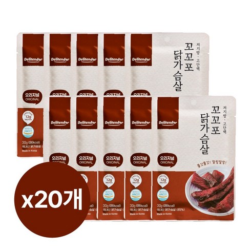 델리텐더 꼬꼬포 닭가슴살 육포 부드러운 고단백 저지방 다이어트 간식 30g 오리지널맛, 30g, 20개