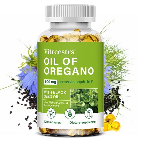오레가노 소프트캡슐 900mg, 블랙씨오일 50mg, non-GMO 식물성 카바크롤과 티몰 함유