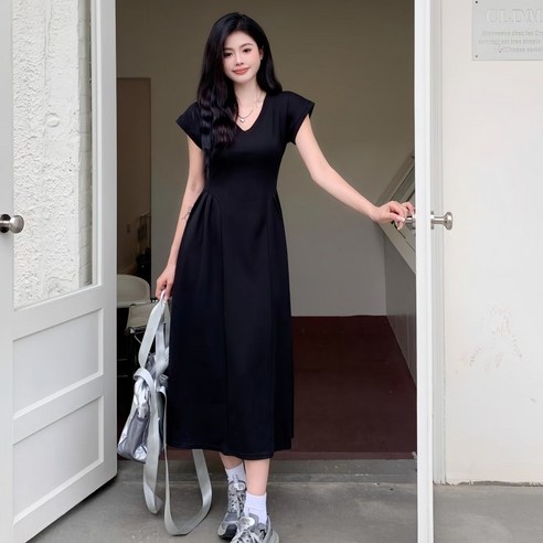 ANYOU 여름 브이넥 핀턱 반팔 롱 원피스 루즈핏 데일리 캐주얼 여성 여름 원피스