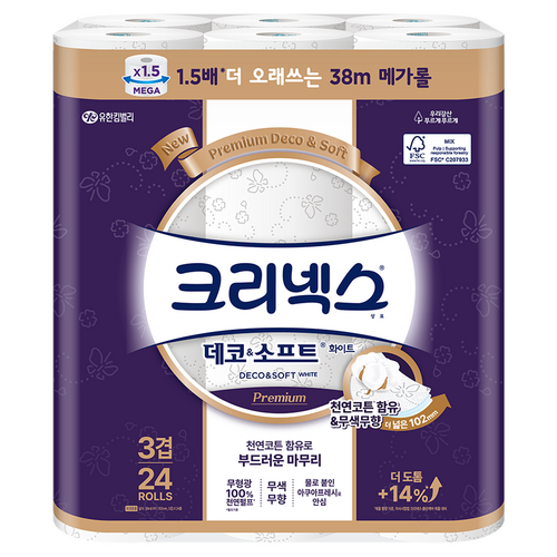 크리넥스 데코 앤 소프트 화장지 3겹, 38m, 24개입, 1개