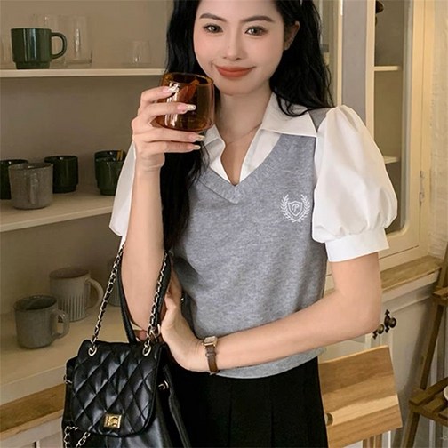 Vezri 여성 봄 여름 가을 클래식 레이어드 디자인 반소매 블라우스 니트 조끼 브이넥 셔츠