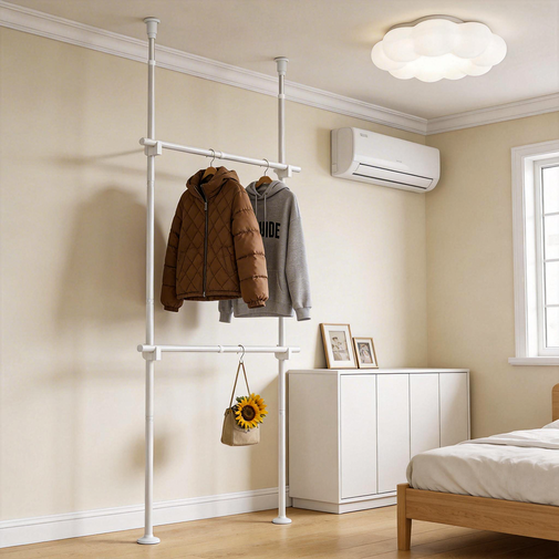 2단 옷걸이 행거 와이드가로봉 튼튼한 철제 스탠드 옷걸이, 하얀색