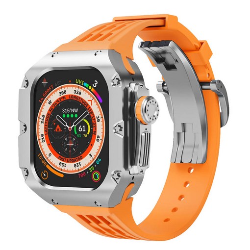 애차드밀 애플워치 호환 메탈 케이스 울트라 9 8 7 SE SE2 일체형 스트랩 명품 스테인리스 티타늄 밴드 줄질, 05.실버오렌지